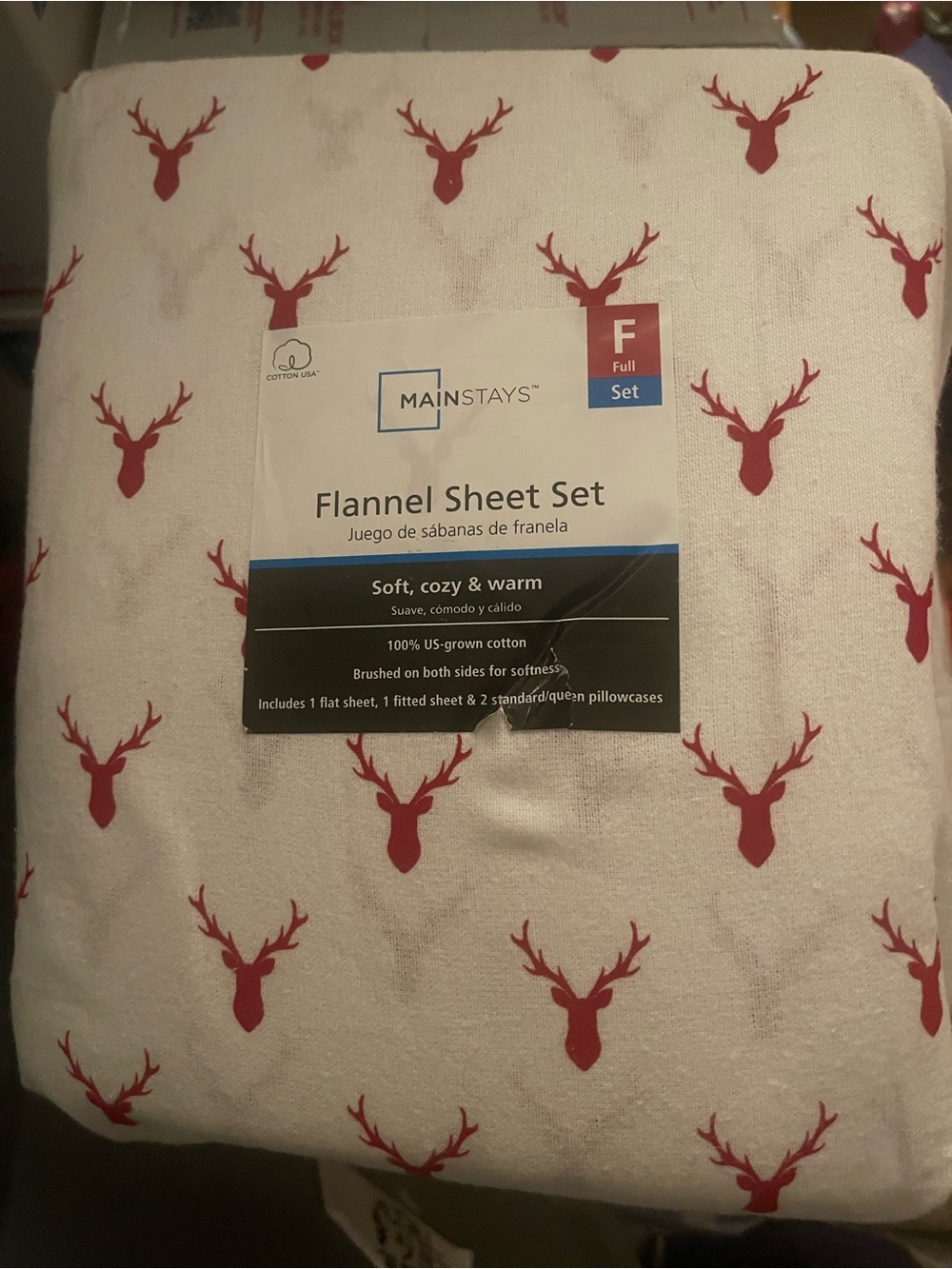Mainstays White Flannel Sheet Set with Red Deer Silhouette Print